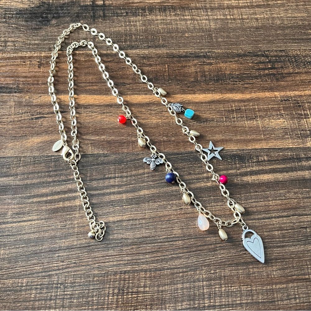 Chico’s Gold-Tone Heart with Charms Adjustable Necklace Chain with Matte Finish